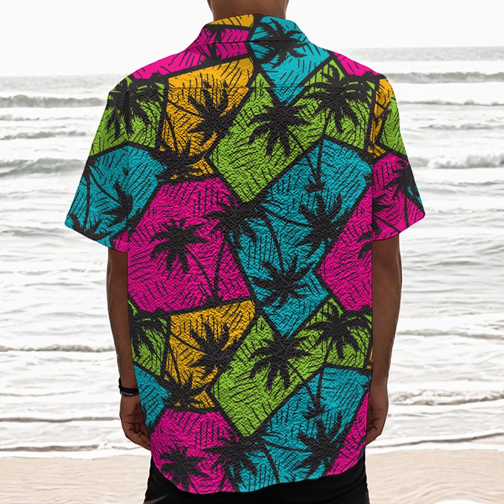 Colorful Palm Tree Pattern Print Textured Short Sleeve Shirt