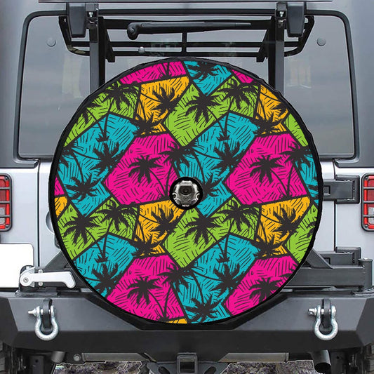 Colorful Palm Tree Pattern Print Tire Cover With Camera Hole