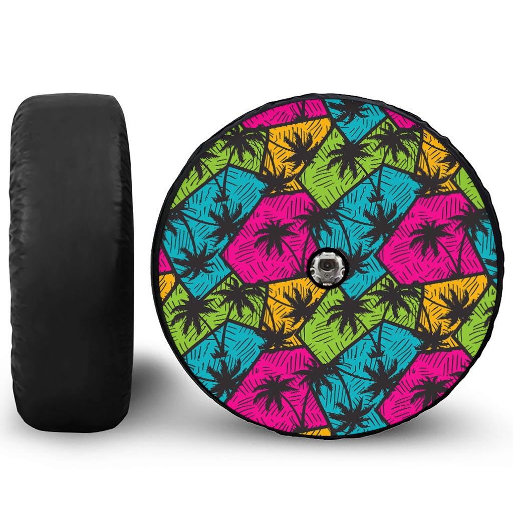 Colorful Palm Tree Pattern Print Tire Cover With Camera Hole