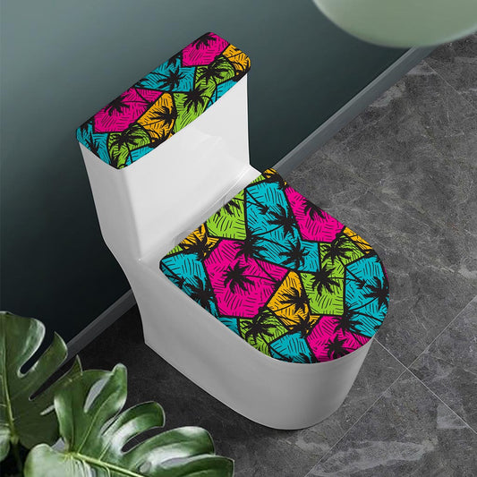 Colorful Palm Tree Pattern Print Toilet Lid And Tank Cover Set