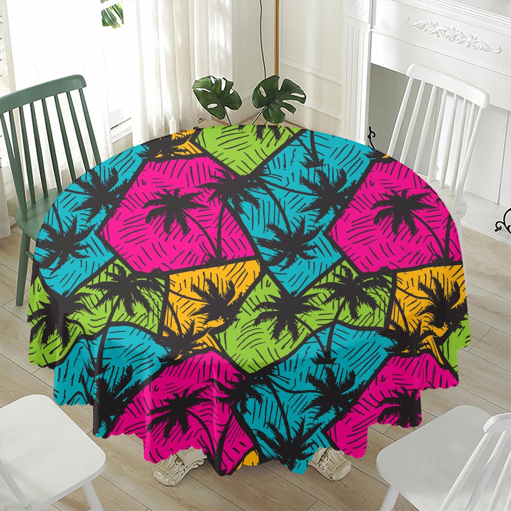 Colorful Palm Tree Pattern Print Waterproof Round Tablecloth