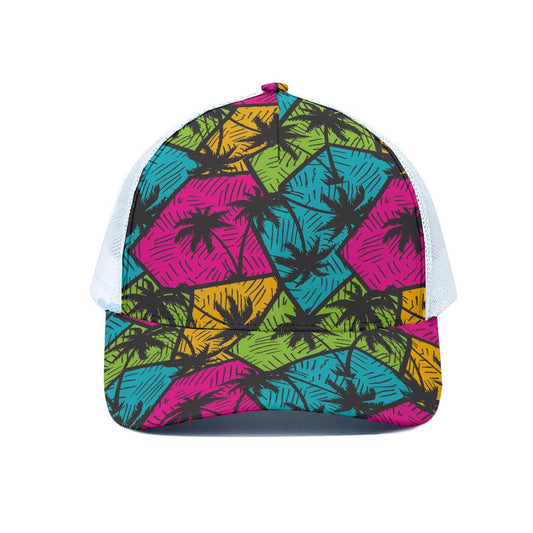 Colorful Palm Tree Pattern Print White Mesh Trucker Cap