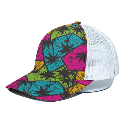 Colorful Palm Tree Pattern Print White Mesh Trucker Cap