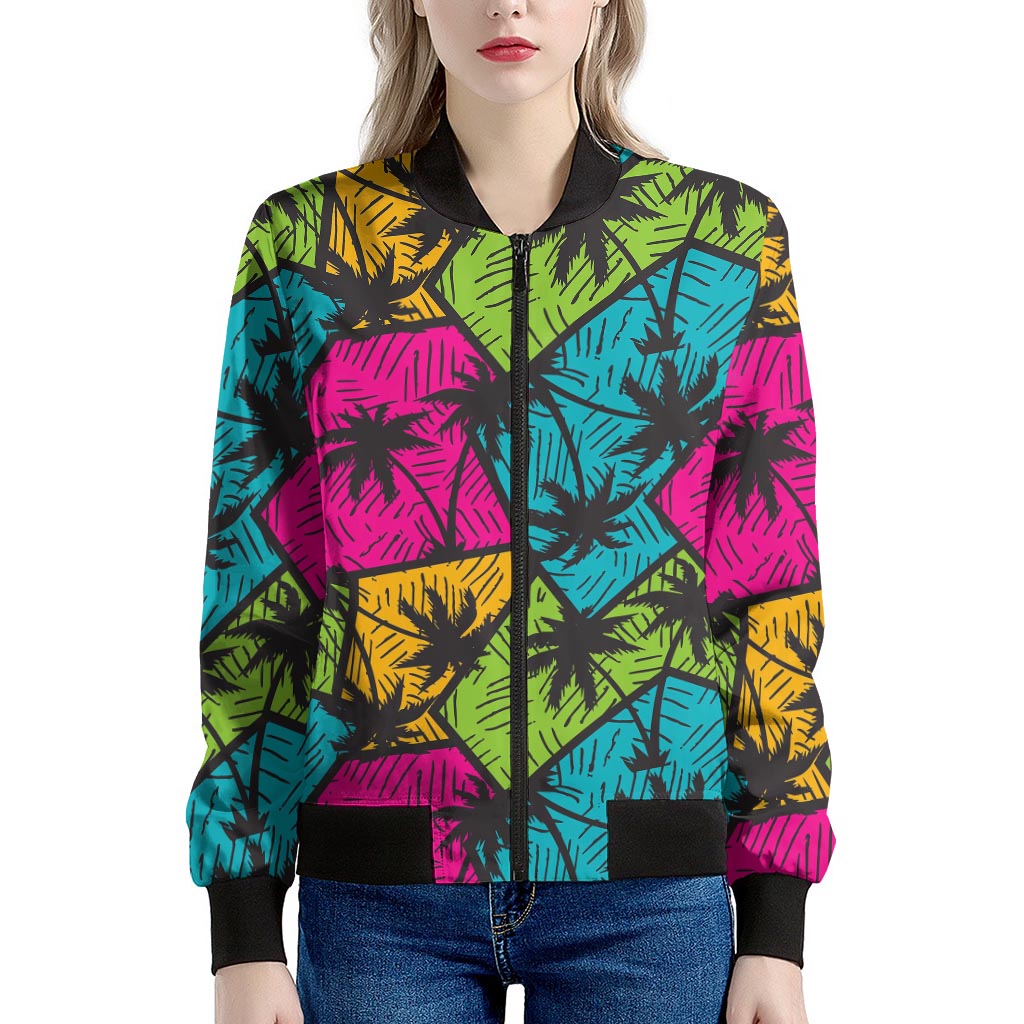 Colorful Palm Tree Pattern Print Women's Bomber Jacket