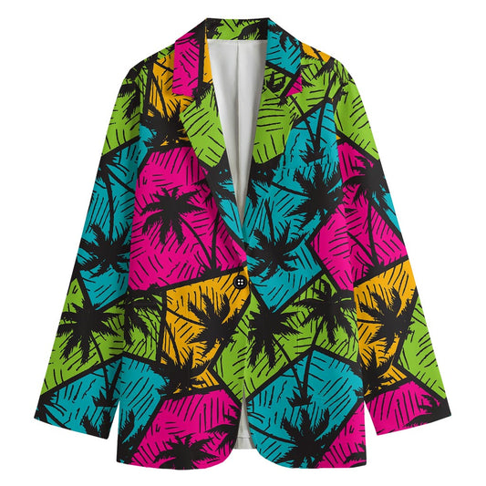 Colorful Palm Tree Pattern Print Women's Cotton Blazer