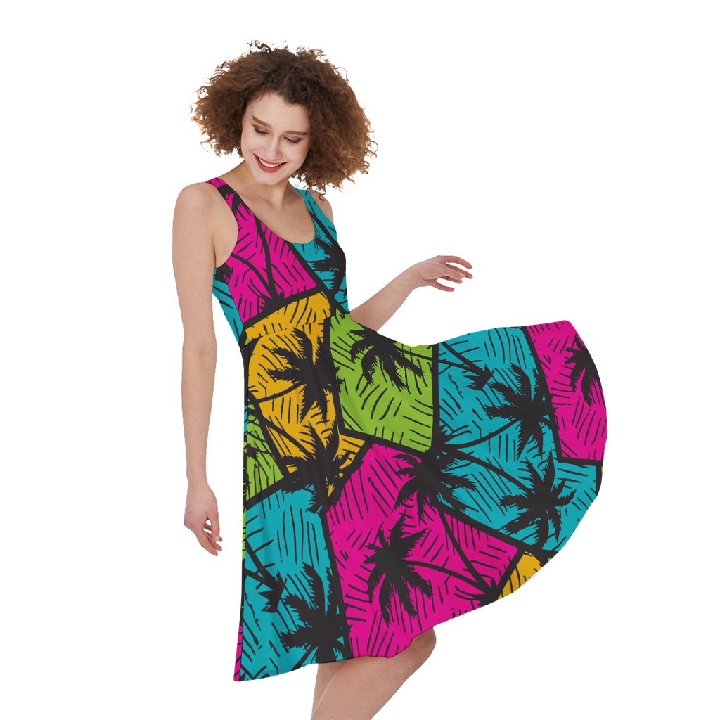 Colorful Palm Tree Pattern Print Women's Sleeveless Dress