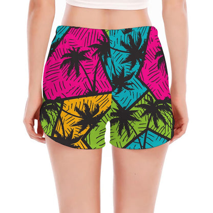 Colorful Palm Tree Pattern Print Women's Split Running Shorts
