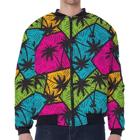 Colorful Palm Tree Pattern Print Zip Sleeve Bomber Jacket