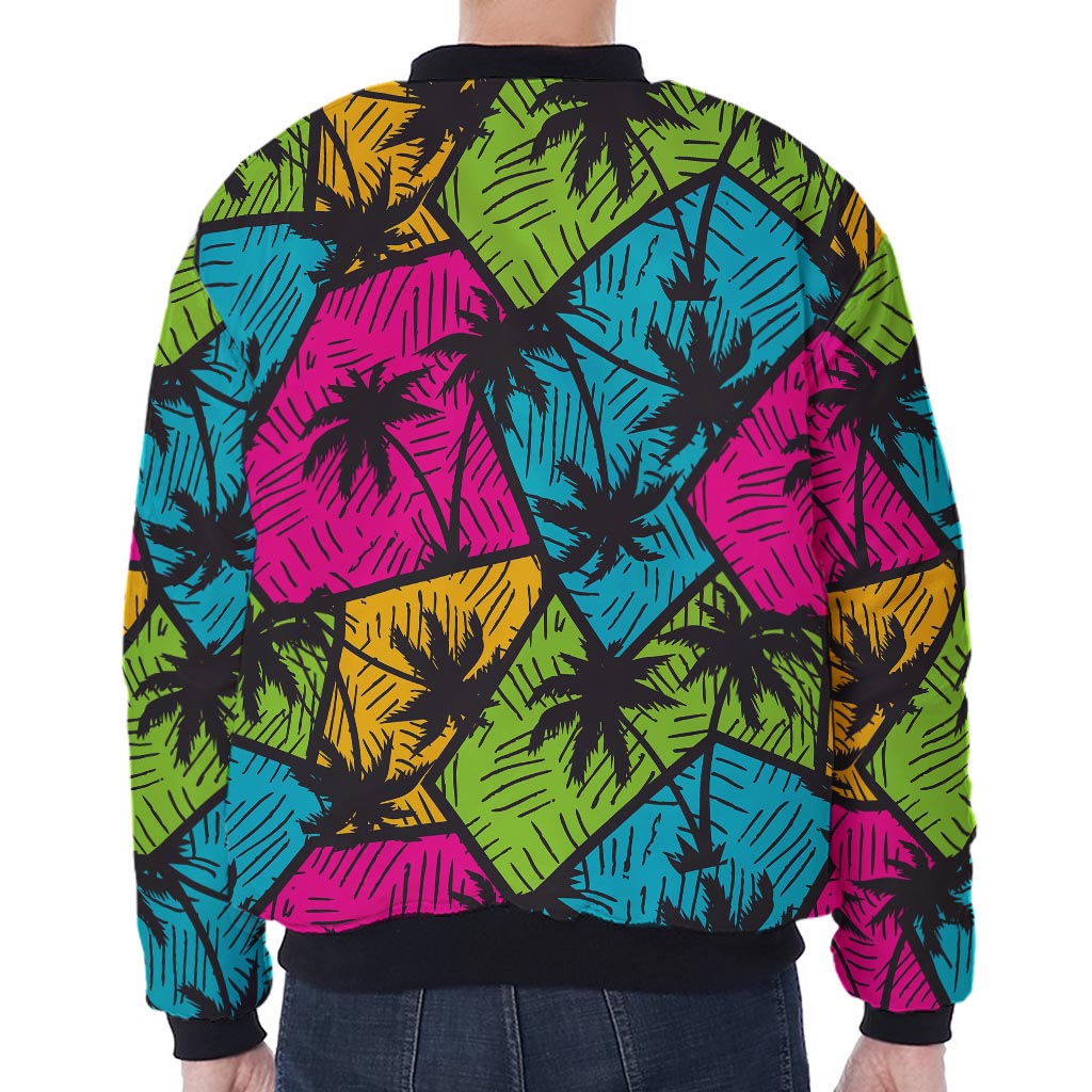 Colorful Palm Tree Pattern Print Zip Sleeve Bomber Jacket