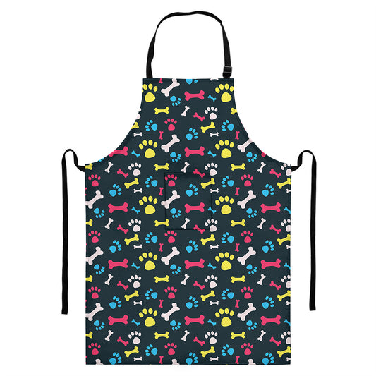 Colorful Paw And Bone Pattern Print Bib Apron With Pocket