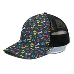 Colorful Paw And Bone Pattern Print Black Mesh Trucker Cap