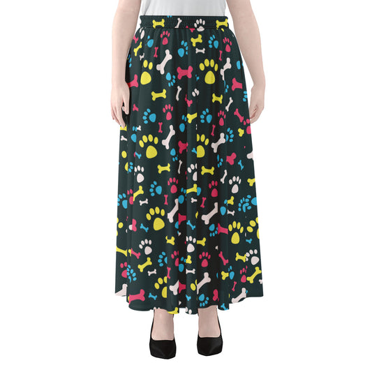 Colorful Paw And Bone Pattern Print Chiffon Maxi Skirt