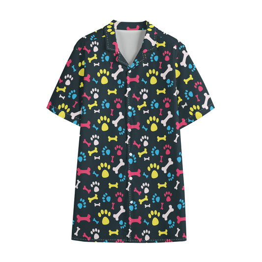 Colorful Paw And Bone Pattern Print Cotton Hawaiian Shirt