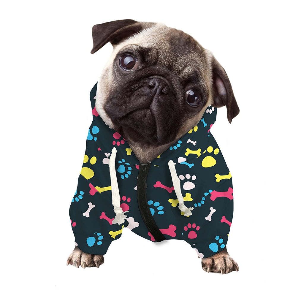 Colorful Paw And Bone Pattern Print Dog Zip Up Hoodie