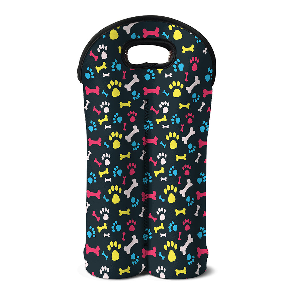 Colorful Paw And Bone Pattern Print Double Neoprene Wine Tote