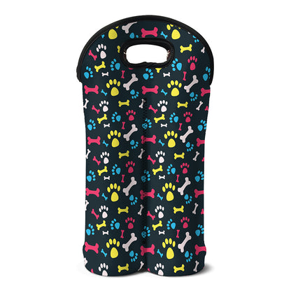 Colorful Paw And Bone Pattern Print Double Neoprene Wine Tote