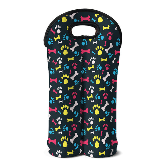 Colorful Paw And Bone Pattern Print Double Neoprene Wine Tote