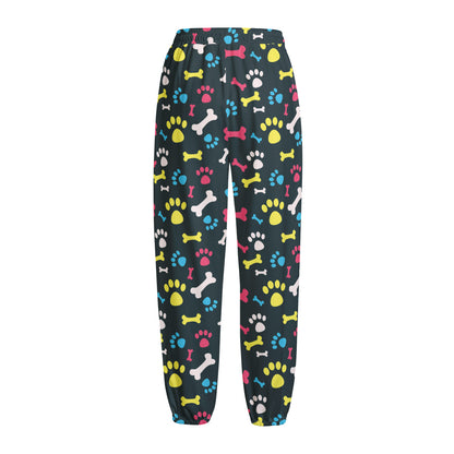 Colorful Paw And Bone Pattern Print Fleece Lined Knit Pants