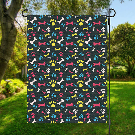 Colorful Paw And Bone Pattern Print Garden Flag