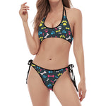 Colorful Paw And Bone Pattern Print Halter Scoop Tie Side Bikini