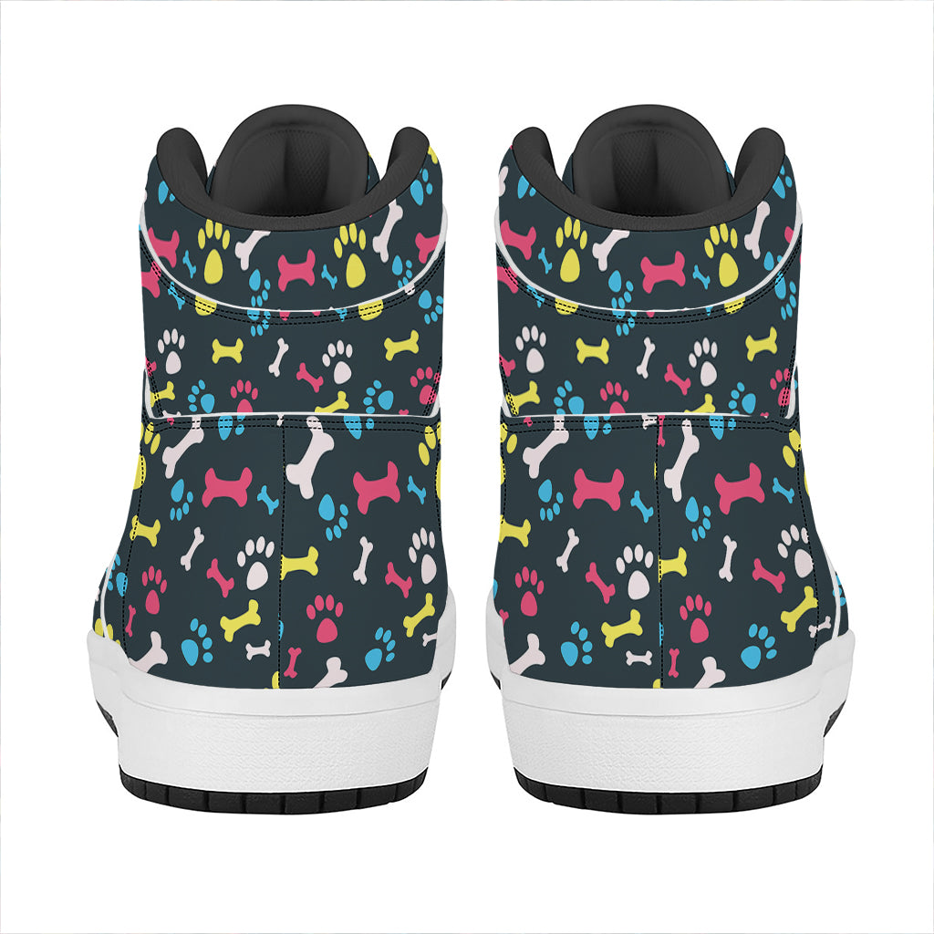Colorful Paw And Bone Pattern Print High Top Leather Sneakers