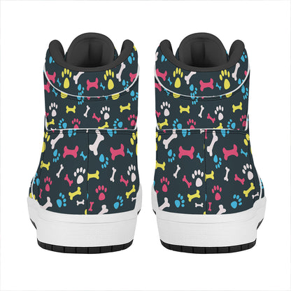Colorful Paw And Bone Pattern Print High Top Leather Sneakers