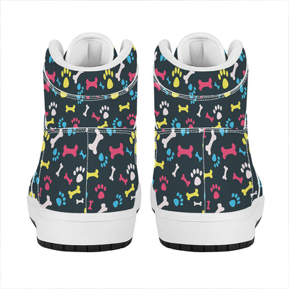 Colorful Paw And Bone Pattern Print High Top Leather Sneakers