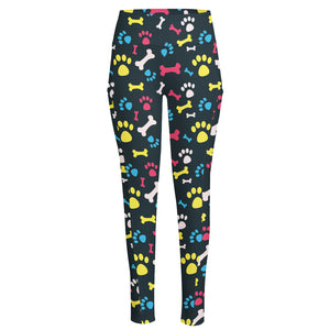 Colorful Paw And Bone Pattern Print High-Waisted Pocket Leggings