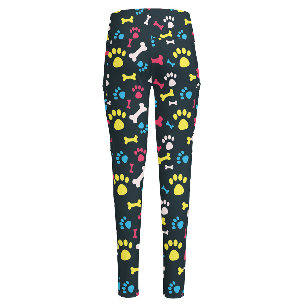 Colorful Paw And Bone Pattern Print High-Waisted Pocket Leggings