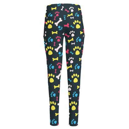 Colorful Paw And Bone Pattern Print High-Waisted Pocket Leggings