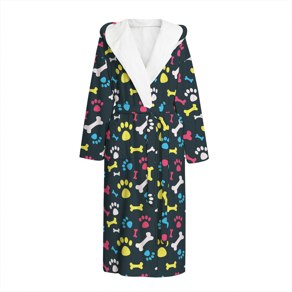 Colorful Paw And Bone Pattern Print Hooded Bathrobe