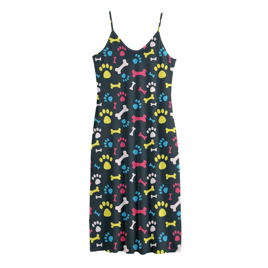 Colorful Paw And Bone Pattern Print Jersey Midi Cami Dress