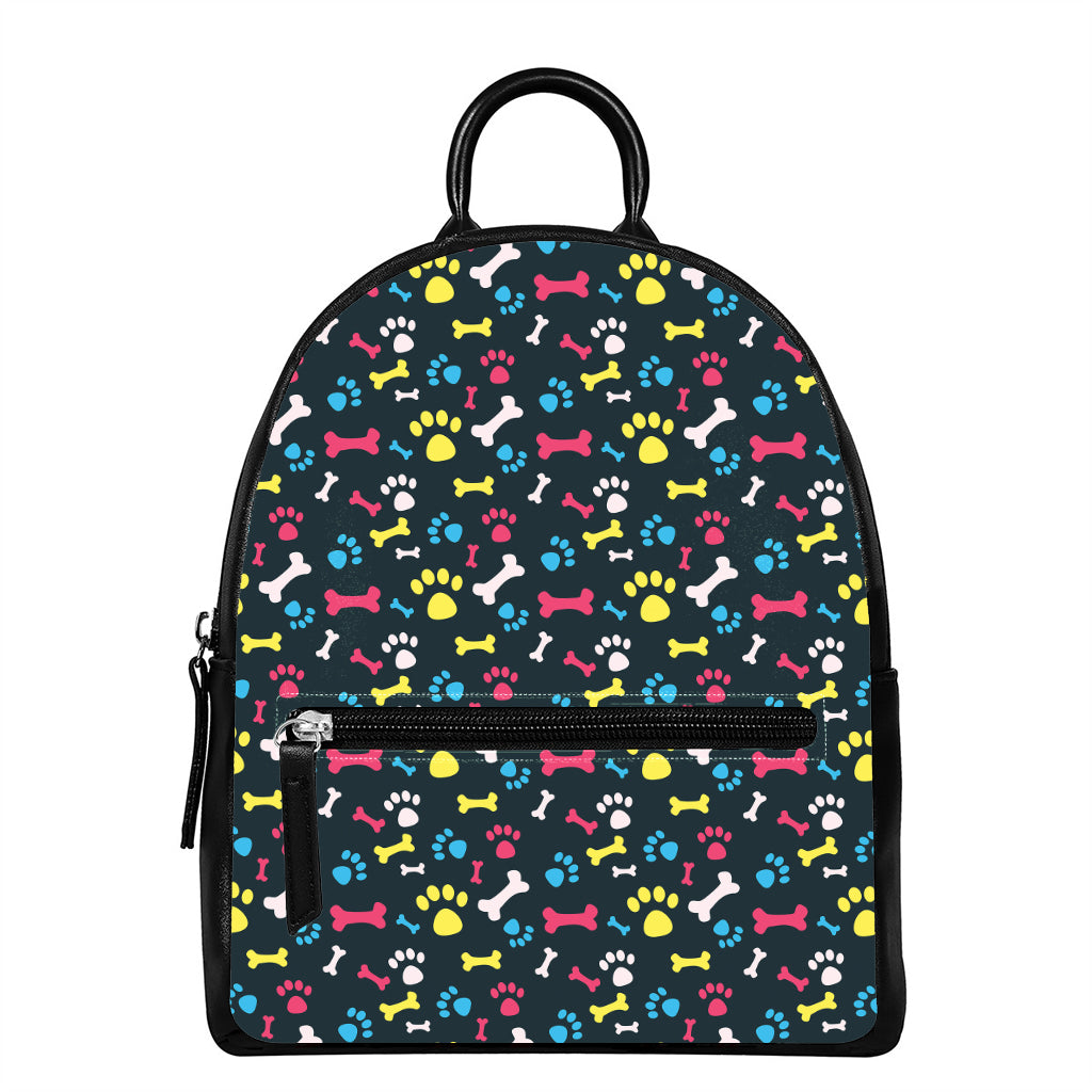 Colorful Paw And Bone Pattern Print Leather Backpack