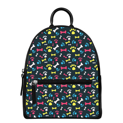Colorful Paw And Bone Pattern Print Leather Backpack
