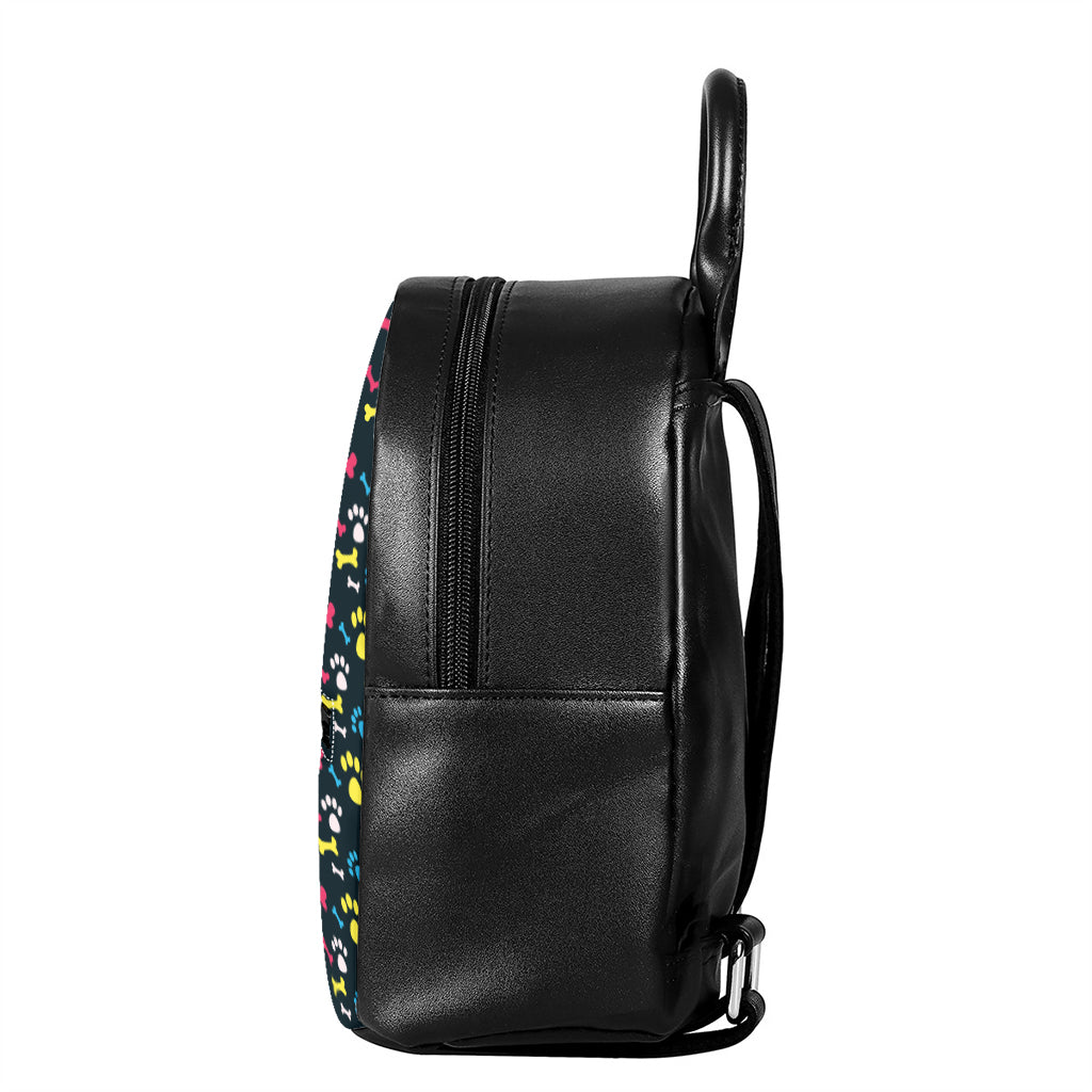 Colorful Paw And Bone Pattern Print Leather Backpack
