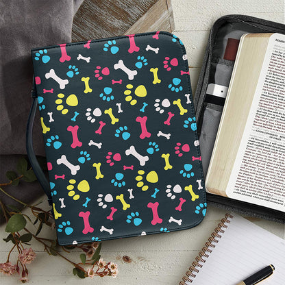 Colorful Paw And Bone Pattern Print Leather Bible Cover