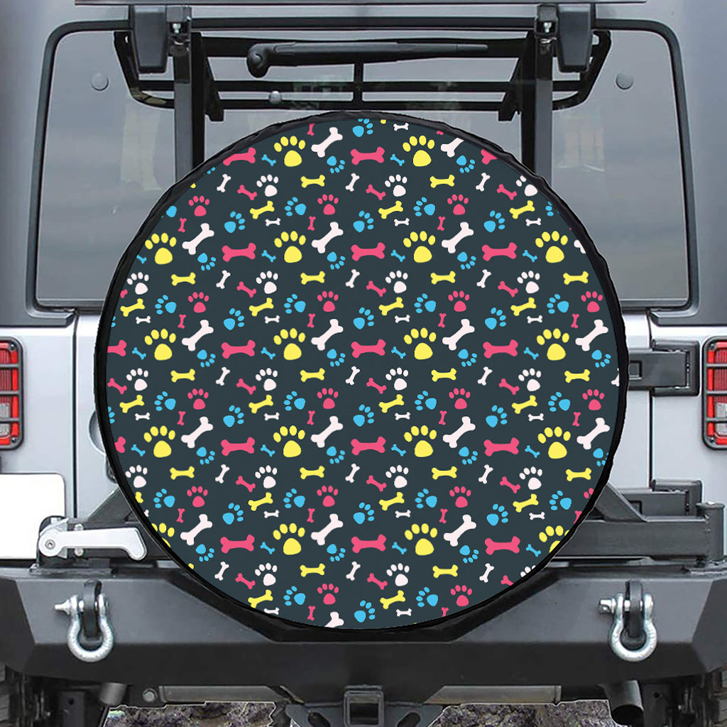 Colorful Paw And Bone Pattern Print Leather Spare Tire Cover