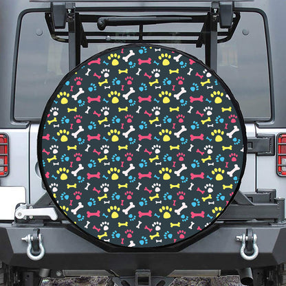 Colorful Paw And Bone Pattern Print Leather Spare Tire Cover
