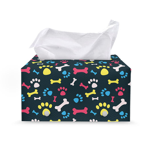 Colorful Paw And Bone Pattern Print Leather Tissue Box Cover