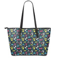 Colorful Paw And Bone Pattern Print Leather Tote Bag With Zipper
