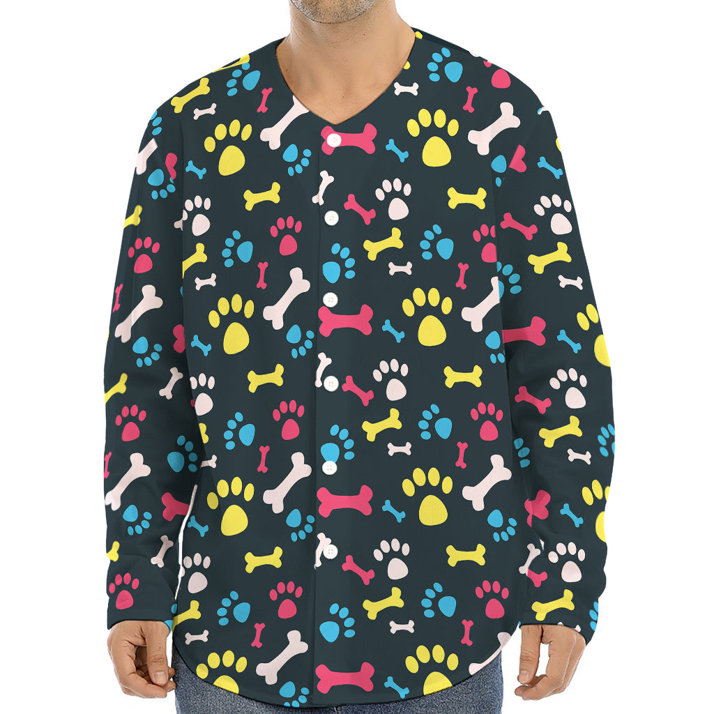 Colorful Paw And Bone Pattern Print Long Sleeve Baseball Jersey