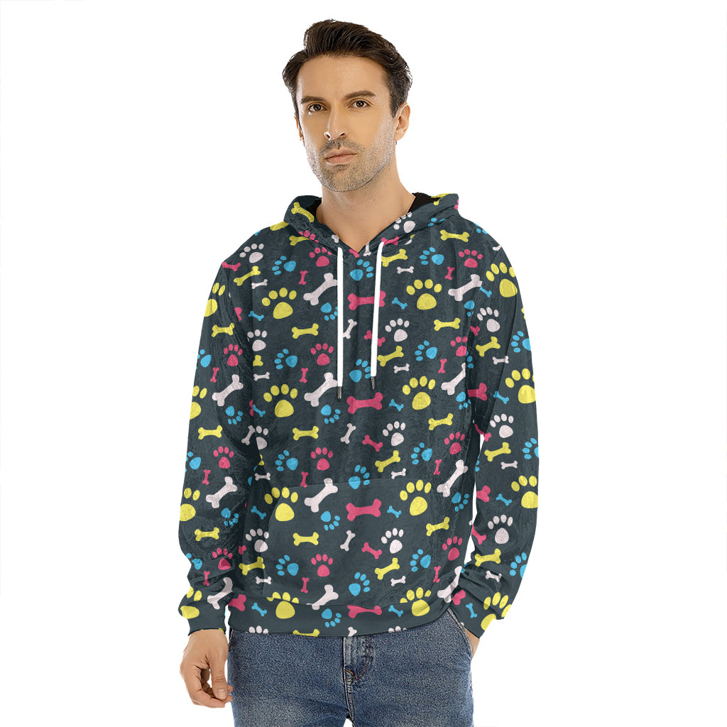 Colorful Paw And Bone Pattern Print Men's Velvet Pullover Hoodie