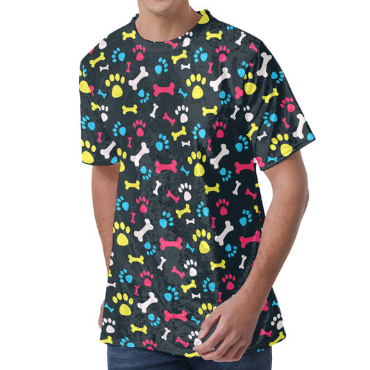 Colorful Paw And Bone Pattern Print Men's Velvet T-Shirt