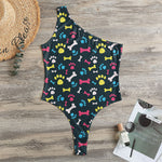 Colorful Paw And Bone Pattern Print One Shoulder Bodysuit