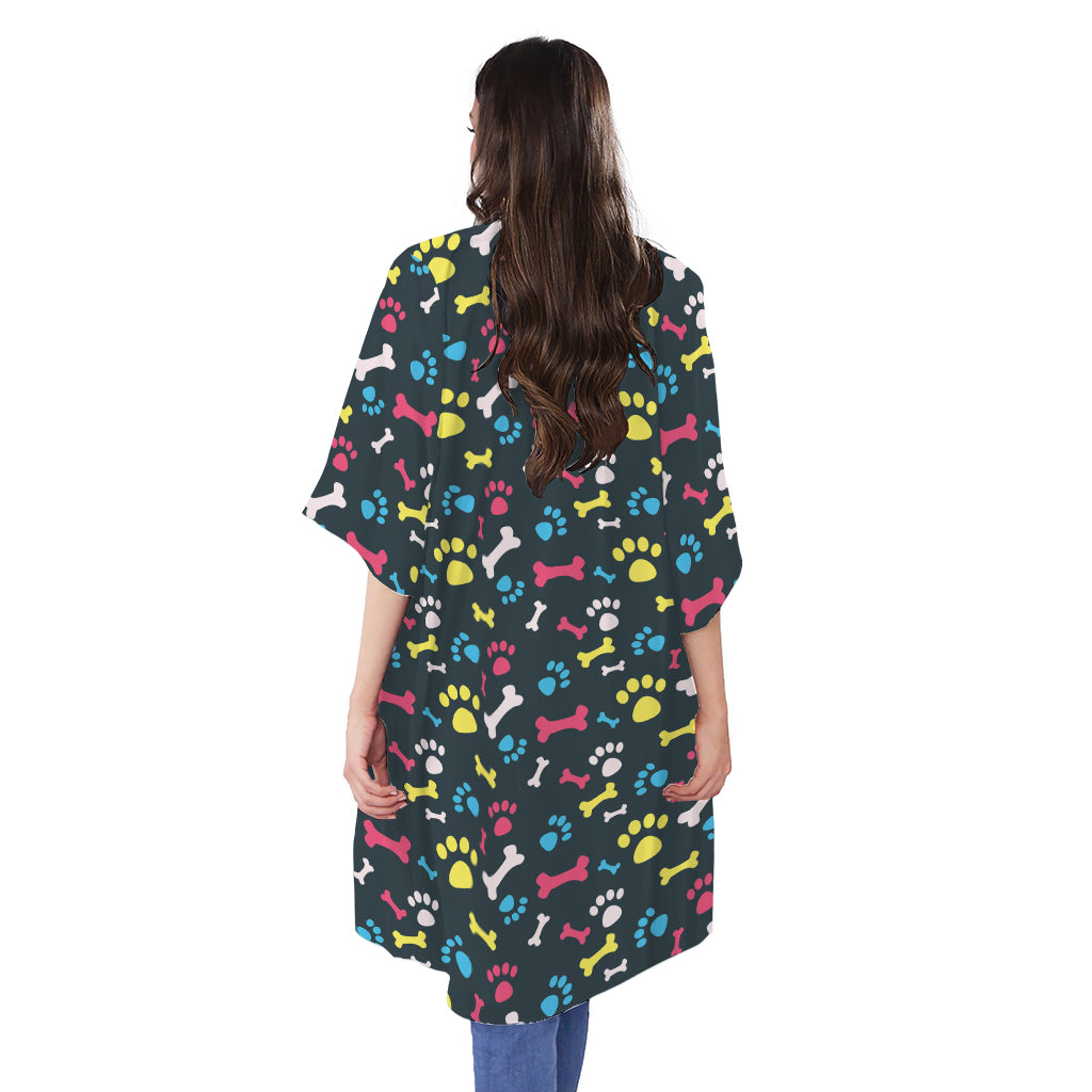 Colorful Paw And Bone Pattern Print Open Front Beach Cover Up