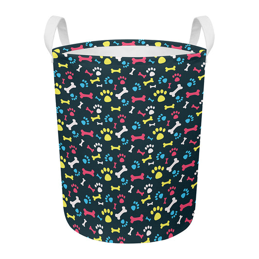 Colorful Paw And Bone Pattern Print Round Laundry Basket