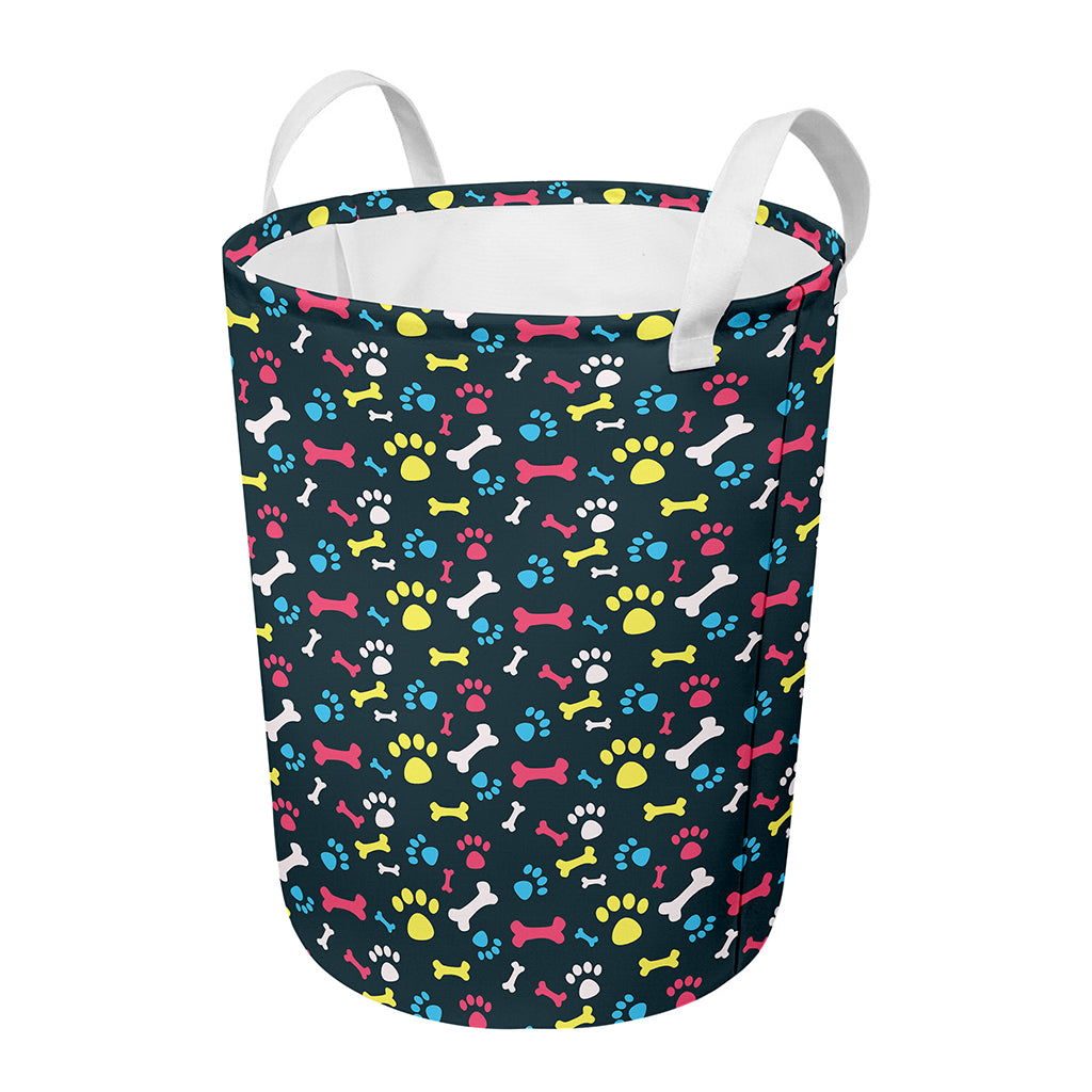 Colorful Paw And Bone Pattern Print Round Laundry Basket