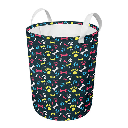 Colorful Paw And Bone Pattern Print Round Laundry Basket