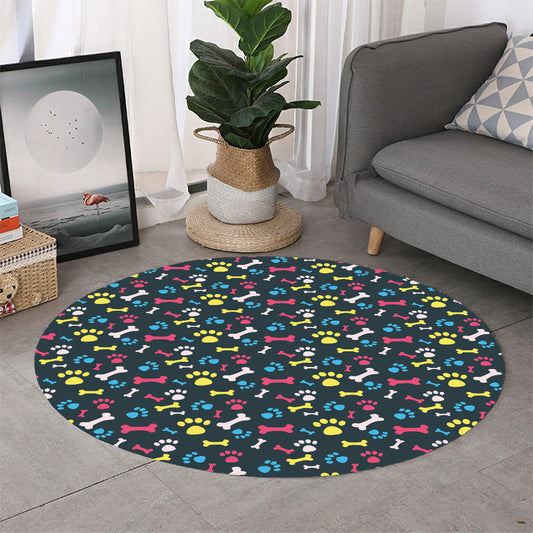 Colorful Paw And Bone Pattern Print Round Rug