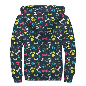 Colorful Paw And Bone Pattern Print Sherpa Lined Zip Up Hoodie
